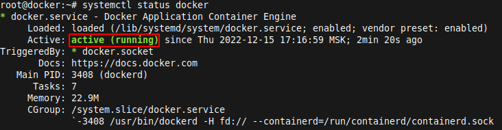 успешная установка Docker